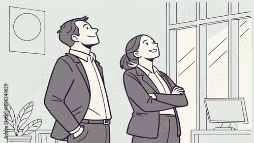 Man and woman in suits looking up in an office space with a plant and a computer on a desk near window