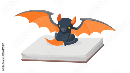 Illustration of a small black dragon with orange wings sitting on top of a white book illustration