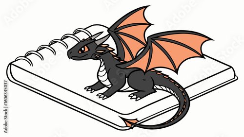 Cartoon dragon with orange wings sitting on a sketchbook with a spiral binding and a blank page