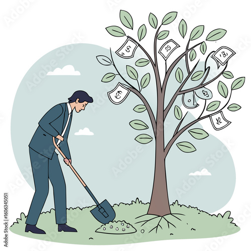 Businessman planting a tree with dollar bills as leaves