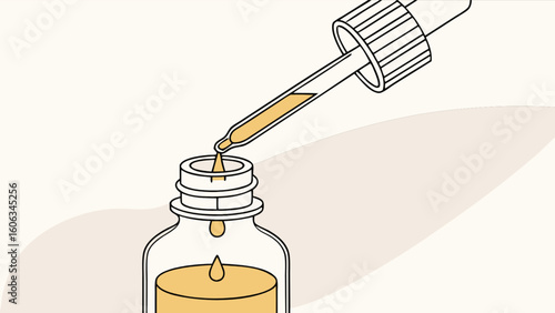 Close up of a bottle with golden liquid and a dropper dispensing a drop of the liquid inside it