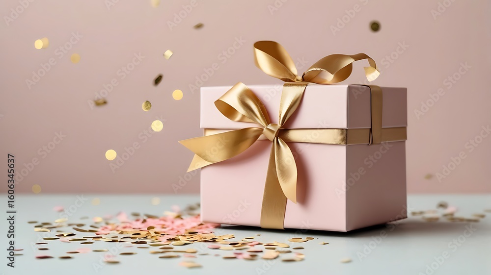 Obraz premium Pink gift box with gold ribbon and confetti