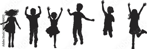Joyful children silhouettes jumping, happy kids playing outdoors, energetic youth expression, carefree childhood moments, vibrant festive illustration, group activity artwork, playful celebration desi