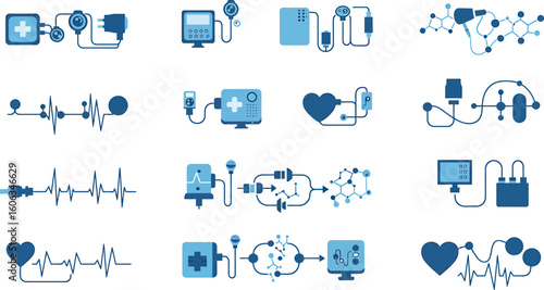 Contemporary Medical Device Circuit Silhouettes and Health Monitoring Symbols