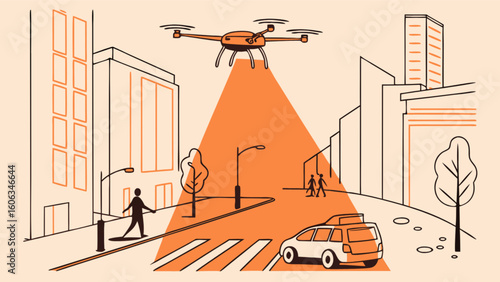 Drone flying over city street with pedestrians, car, buildings, and streetlights in an urban setting