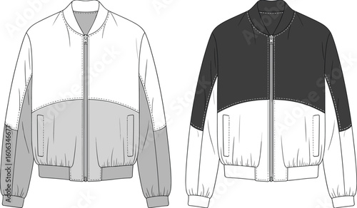 Modern bomber jacket fashion, trendy color-blocked outerwear, unisex wardrobe staple, stylish casual jacket design, comfortable fit, seasonal layering option, versatile clothing template for fashion b
