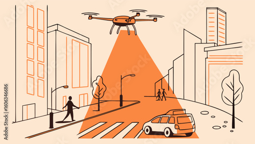 Drone flying over city street with pedestrians, car, buildings, and streetlights in an urban setting