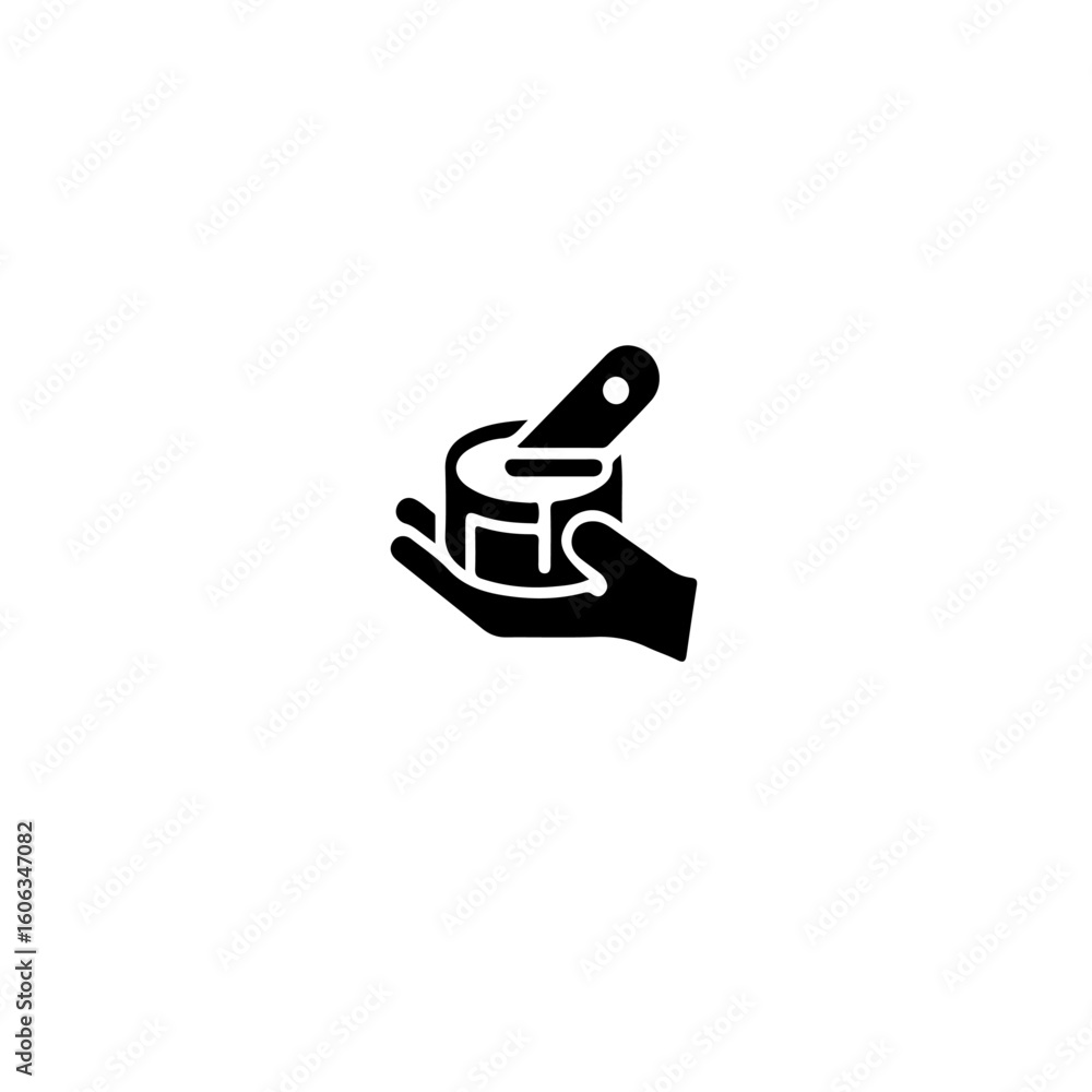 Obraz premium A hand holding a container with a tool inside depicted in a simple black silhouette