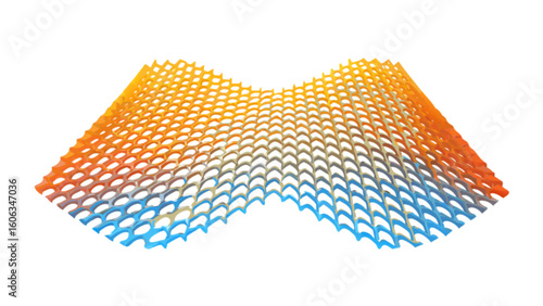 A wavy perforated surface with a gradient from orange to blue on a white background is displayed
