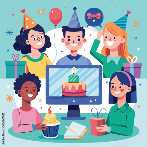 Friends celebrating birthday online with cake and gifts celebration