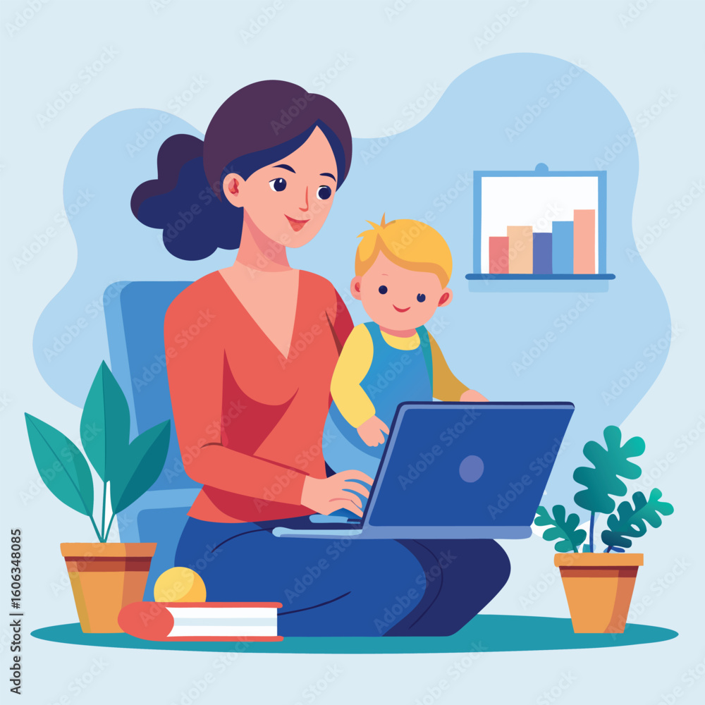 Mother working on laptop with baby on lap multitasking Mother working on laptop with baby on lap multitasking