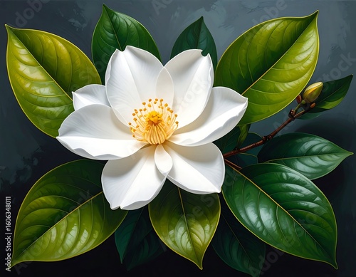 Exquisite white flower with lush green leaves