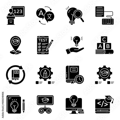 Set of Online Education Solid Icons

