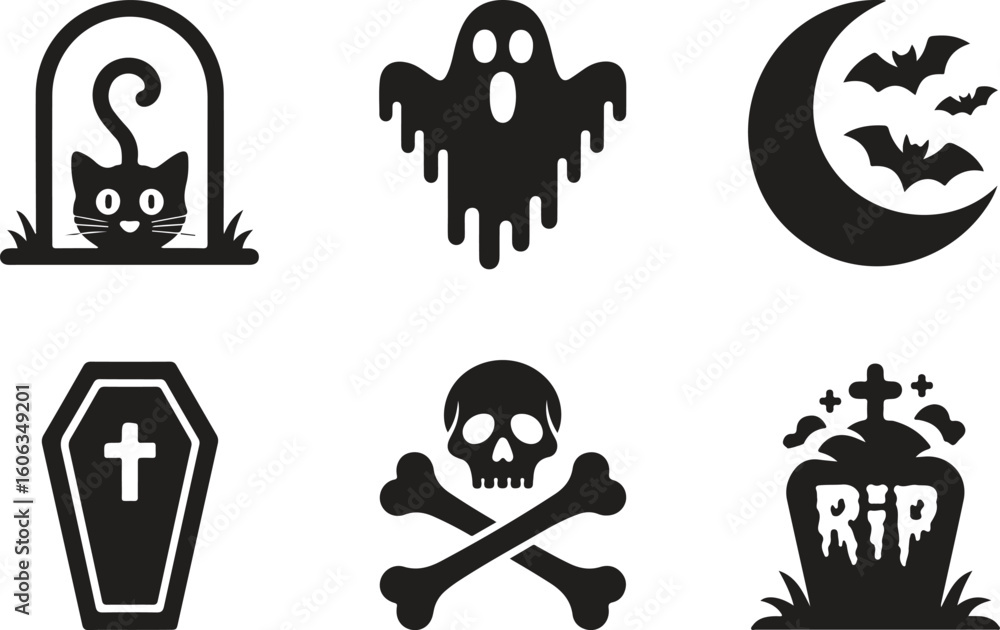 Fototapeta premium Black Halloween Icons | Ghost, Skull, Grave, Moon