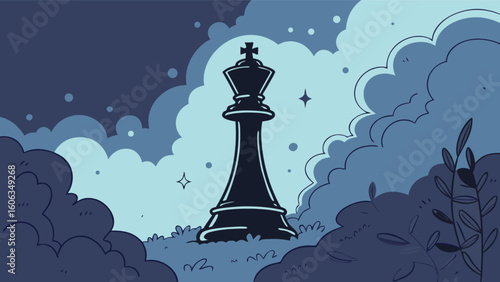 Silhouette of a king chess piece surrounded by clouds and foliage in a serene artistic illustration
