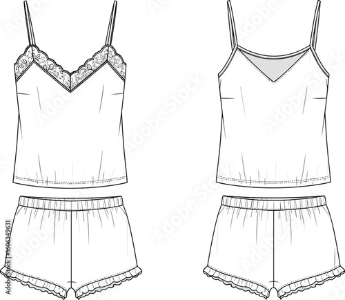 Women’s sleepwear set technical sketch front and back views, camisole top with thin straps and V-neckline, lace detailing, elastic waist shorts with ruffled hem