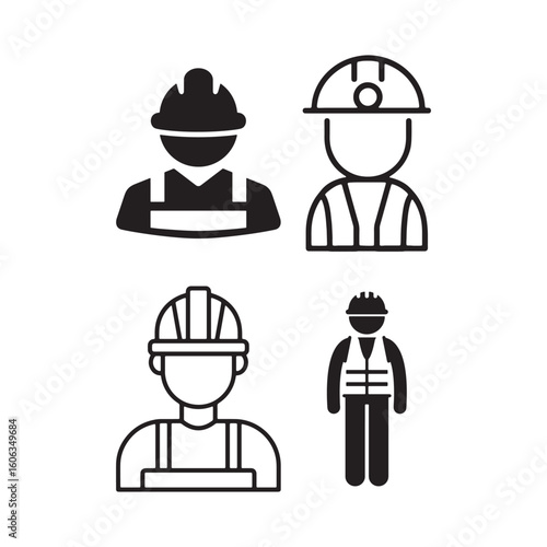 Collection of stylized construction worker icons wearing safty hats and safety vests