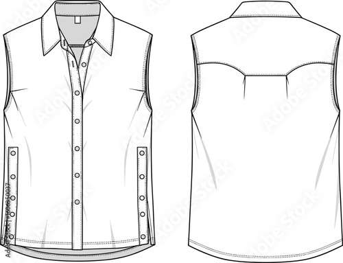 Men’s sleeveless button-up shirt technical sketch front and back views, pointed collar, button placket, curved hem, back yoke detail, fashion flat illustration