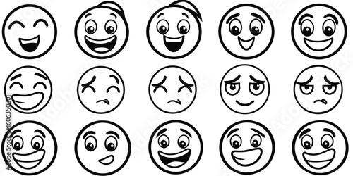 Collection of cartoon smiley faces with different emotions and expressions silhouette isolated on white background