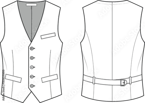 Women’s vest technical sketch front and back views, V-neckline, five-button closure, chest pocket, lower welt pockets, back buckle belt, structured silhouette