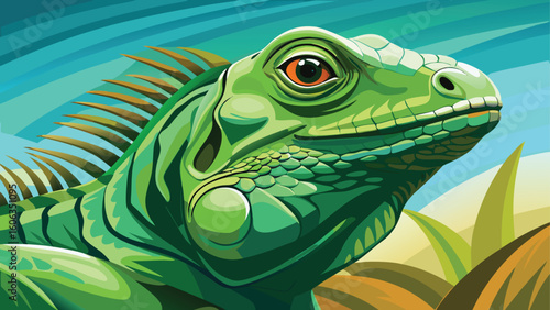 Vibrant green iguana portrait with striking orange eye