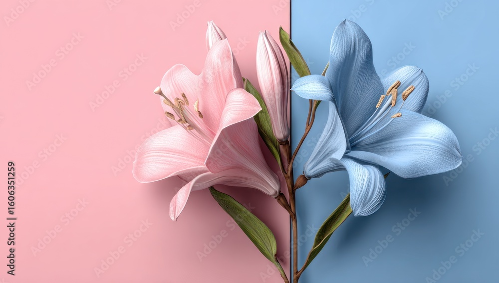 Fototapeta premium Two pastel-colored lilies on a contrasting background.