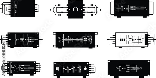 Modern Audio Amplifier Circuit Silhouettes Vector Graphic
