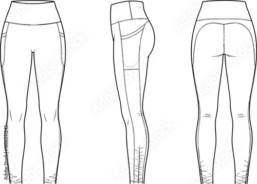 Women’s leggings technical sketch front, side, and back views, high waistband, side pockets, contoured seams, fitted silhouette, fashion flat activewear illustration
