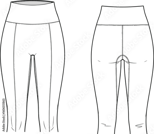 Technical sketch of women’s leggings front and back views, high waistband, contoured seams, fitted silhouette, detailed stitching, activewear fashion flat design illustration