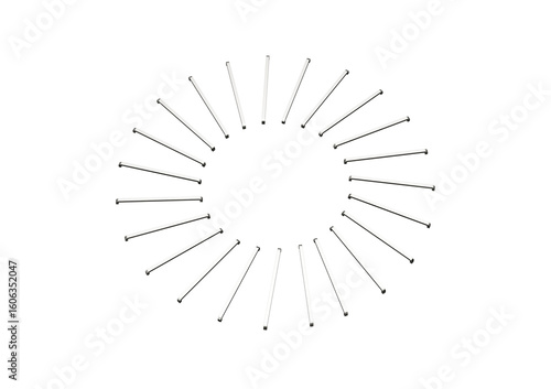 A circular arrangement of metal staple pins, creating a sleek geometric pattern. 3d illustration
