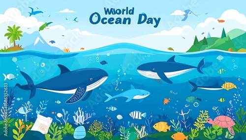 Colorful underwater scene celebrating World Ocean Day