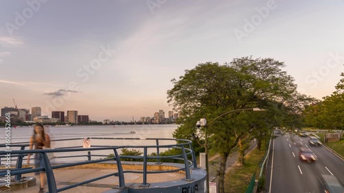 Shore of the Charles River in Boston with car traffic on Highway on the side