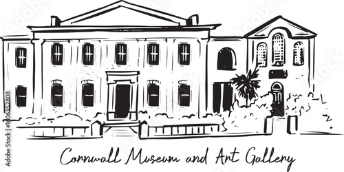 Hand-drawn black ink sketch of Cornwall Museum and Art Gallery in Truro, UK — Georgian-style architecture, cultural landmark, elegant British museum with historic charm in Cornwall