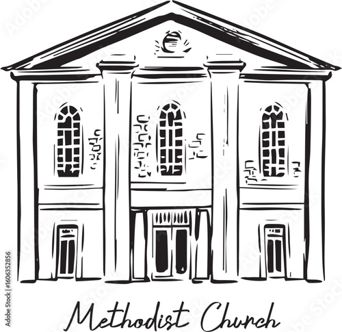 Hand-drawn black ink illustration of the historic Methodist Church in Truro, Cornwall — simple classical façade with columns and tall windows, traditional British church architecture