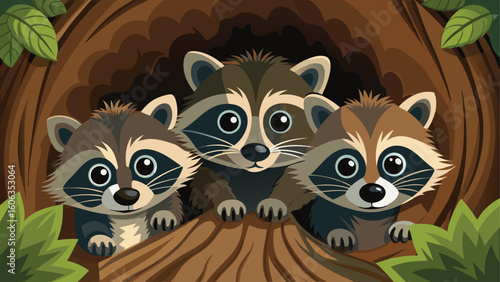 Three adorable raccoons peeking out of a tree hollow