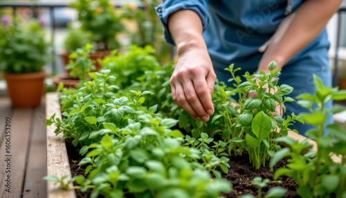 Wallpaper Mural Young Gardener Tending to Fresh Herbs in a Home Garden on a Sunny Day Torontodigital.ca