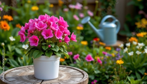 Wallpaper Mural Bright Pink Flowers in White Pot Surrounded by Colorful Garden Blooms and Watering Can Torontodigital.ca