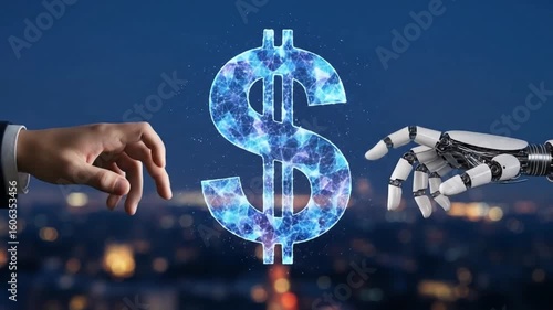 A human hand and a robot hand reach for a digital dollar sign, symbolizing the intersection of ai and finance