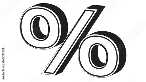 Illustration of a three dimensional percentage sign with black outline in white background view