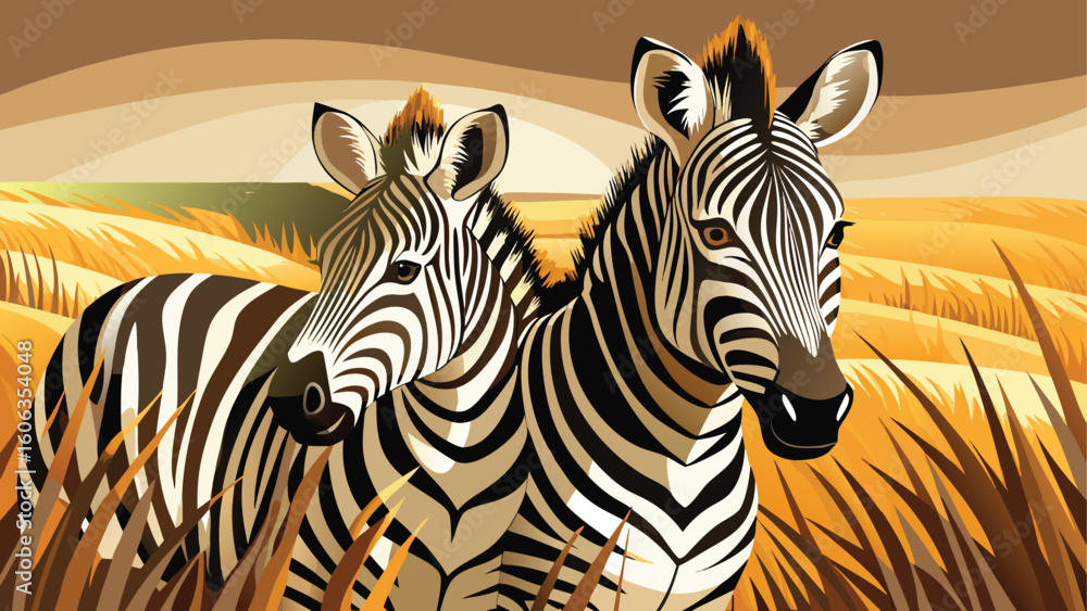 Fototapeta premium Two zebras stand together in the african savannah at sunset