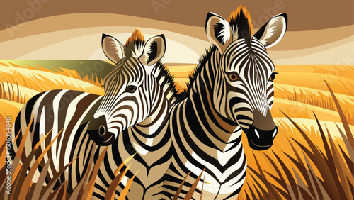Two zebras stand together in the african savannah at sunset