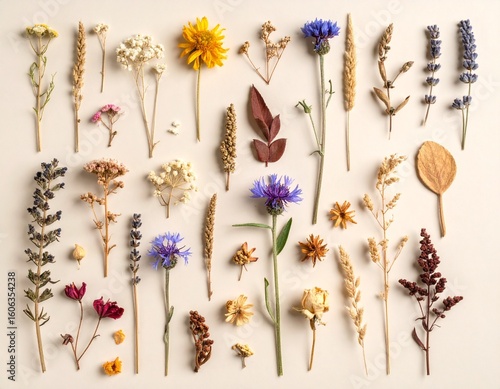 Dried wildflowers and herbs flat lay – natural vintage background
