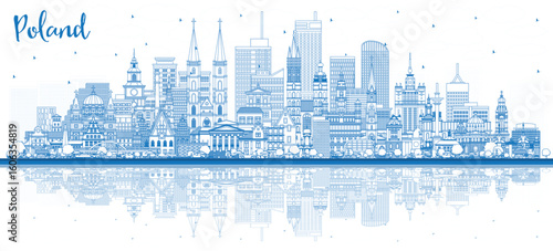 Outline Poland City Skyline with Blue Buildings. Illustration. Concept with Modern Architecture. Poland Cityscape with Landmarks. Warsaw. Krakow. Lodz. Wroclaw. Poznan.
