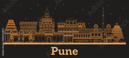 Outline Pune India City Skyline with orange Buildings. Illustration. Business Travel and Tourism Concept with Historic Architecture. Pune Cityscape with Landmarks.