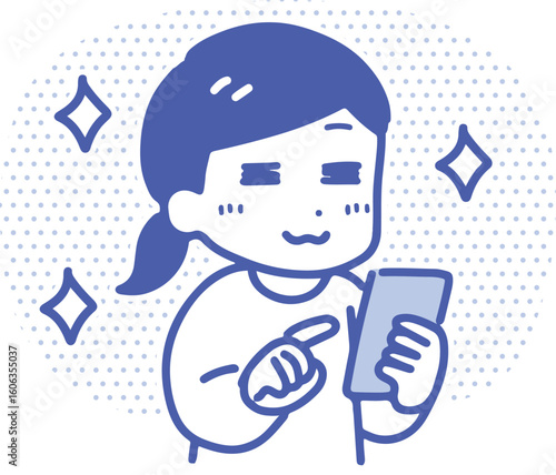 スマホを見て喜んでいる笑顔の若い女性(上半身・線画)	