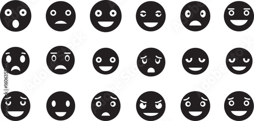 Set of black circular emoticon icons on a white background. Collection of flat vector smiley faces showing various facial expressions and emotions like happy, sad, and angry.