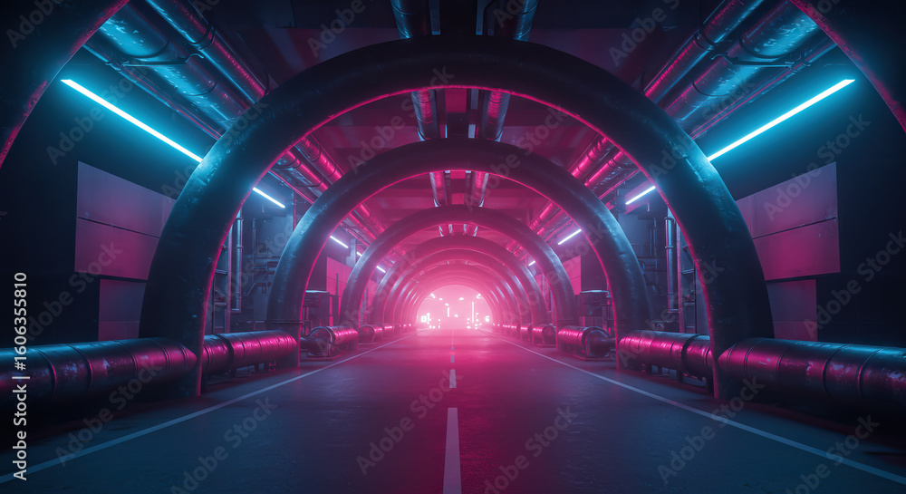 Fototapeta premium Straight road in fictional industrial area with sci fi feel