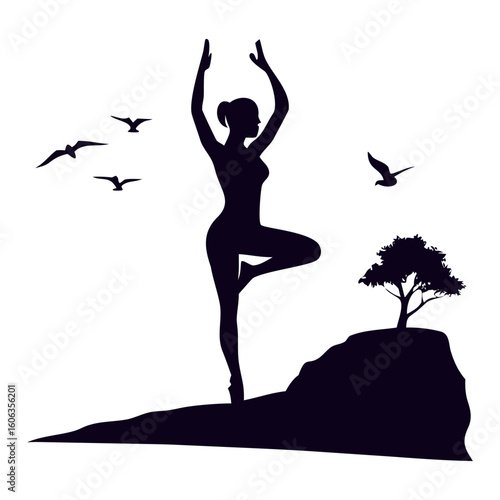 Silhouette of a woman doing yoga in tree pose Art & Illustration