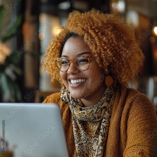 Happy plus-size woman working remotely during a virtual team meeting, emphasizing the benefits of flexible work culture and inclusivity in the workplace, Generative AI