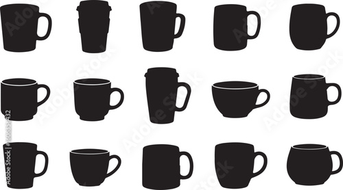A diverse collection of black silhouettes featuring various styles of coffee mugs, tea cups, and travel mugs. A set of isolated vector drinkware icons.